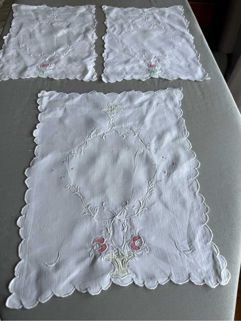 Vintage White Embroidered Linen Doily Set with Pink Floral Accents